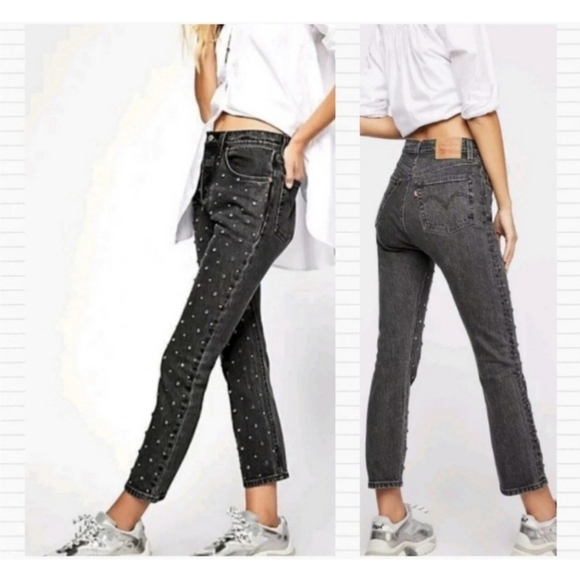 Levi's 501 Gray Studded Premium Denim Cropped Leg Jean Straight Leg Grunge Sz 25 - Picture 11 of 11